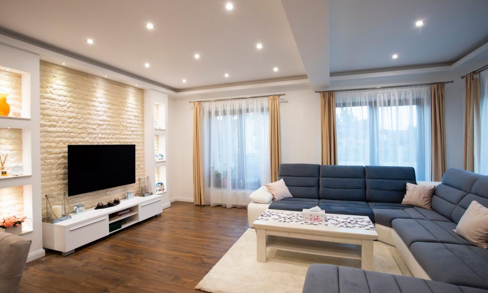 Modern living room interior - wide angle photo.